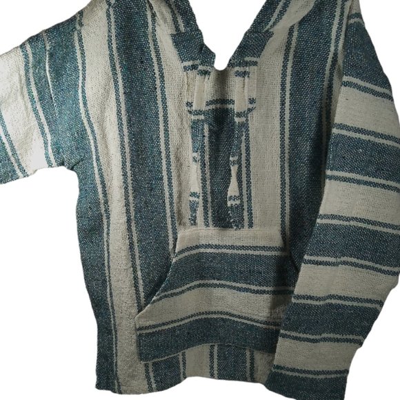 NWOT Varina Handmade Baja Hoodie (from Ecuador) in Teal & Ivory Vertical Stripe - Picture 5 of 7
